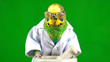Pharmacist Parrot Silhouette Mixing Compound with Goggles on Green Screen