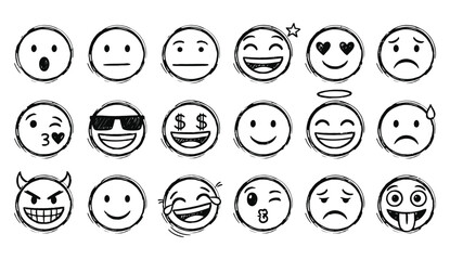 Collection of hand drawn doodle style emoticons expressing a wide range of emotions and feelings
