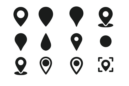 Location Icon Collection. Solid style icons of location markers: classic location pin, filled map marker, pinpoint icon, drop pin,