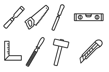 Naklejka premium Hand Tools Icons. Line style icons of Hand tools: chisel, hand saw, rasp, level, square, file, mallet, utility knife, No text, No