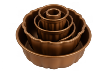 Bundt cake molds nested in a stack, copper colored bakeware set for baking traditional sweet pastries
