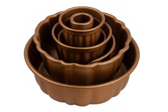 Bundt cake molds nested in a stack, copper colored bakeware set for baking traditional sweet pastries