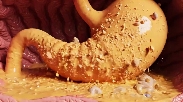 digestive process visualization, gastric digestion and enzyme action, d animation illustrating stomach digestion mechanisms, cinematic portrayal of stomach breakdown and nutrient processing