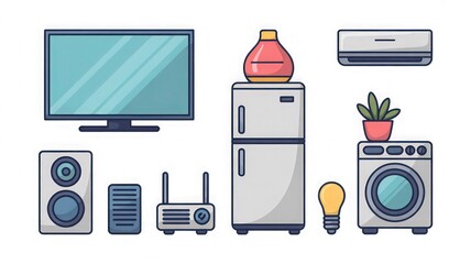 "Home Appliance Icons | Digital Illustrations of TV, Refrigerator, AC, Washer, Light Bulb, Speaker, Plant, Wi-Fi Router | Modern Living Essentials"