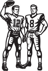 Two football players, one holding a football, black and white vector.