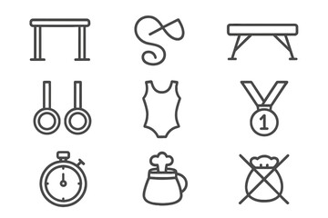 Gymnastics Line Icons. Line style icons of Gymnastics: Parallel Bars, Ribbon, Balance Beam, Rings, Leotard, Medal, Stopwatch,