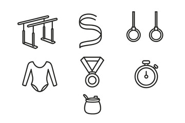 Gymnastics Line Icons. Line style icons of Gymnastics: Parallel Bars, Ribbon, Balance Beam, Rings, Leotard, Medal, Stopwatch,
