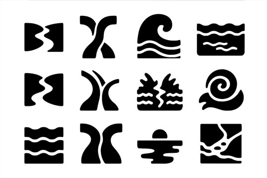 Meeting Waters Icons. Solid style icons of Meeting Waters: river joining sea, merging streams, tidal wave, saltwater mix, estuary