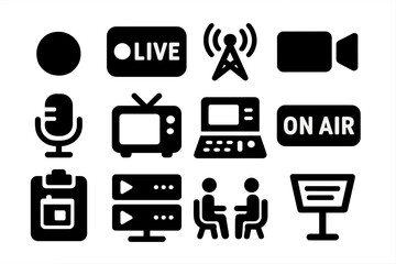 Broadcast Icons Collection. Solid style icons of recording and broadcasting: red record dot, live stream icon, broadcast antenna,