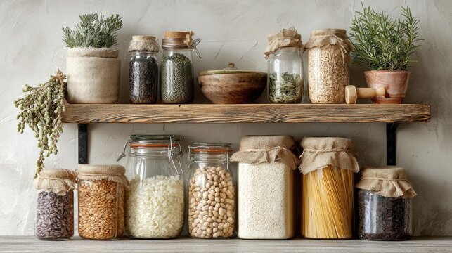 Rustic kitchen pantry shelves displaying glass jars filled with grains, legumes, pasta, rice, beans, and dried herbs creating organized sustainable zero waste storage
