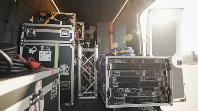 Professional stage equipment storage in a truck interior with cases and cables