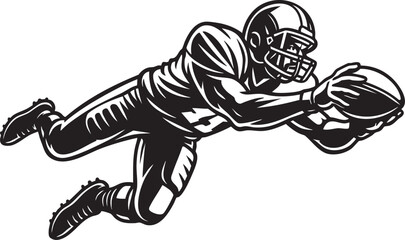 An American football player in full uniform making a spectacular diving catch in mid-air.