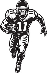 Dynamic black and white illustration of an American football player running with the ball, wearing a helmet and jersey number 11.