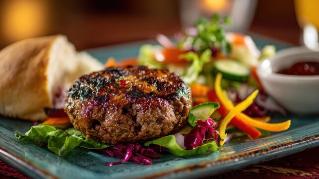 Gourmet spiced meat patty on fresh greens with colorful peppers, perfect for restaurant menus and food blogs showcasing culinary excellence and dining experiences