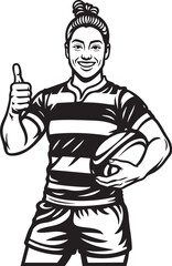 Rugby player giving thumbs up, holding ball, wearing striped jersey.