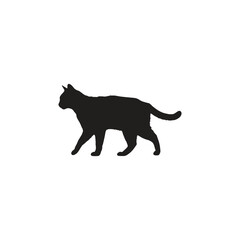 A silhouette of a cat walking with its tail slightly raised on a white background in a simple style