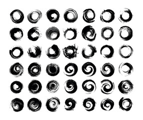 Fototapeta na wymiar Black ink brush stroke circles vector set. Round grunge ringed distressed surface whirl spiral texture swirl abstract painted shape vortex element watercolor distress isolated on white
