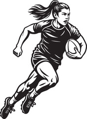 A dynamic black and white illustration of a female rugby player running with the ball during a game.