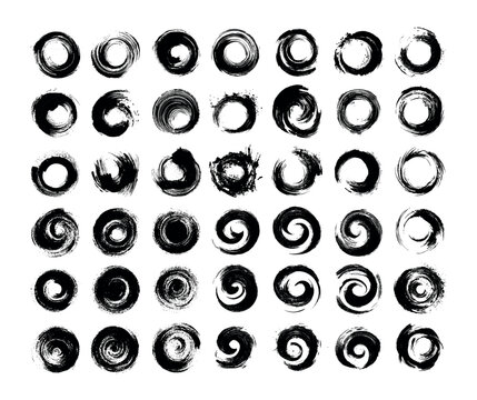 Black ink brush stroke circles vector set. Round grunge ringed distressed surface whirl spiral texture swirl abstract painted shape vortex element watercolor distress isolated on white