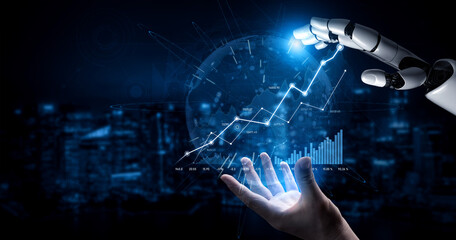 A robotic hand reaches towards a luminous globe, representing advanced technology and global analytics. The scene illustrates innovation and growth in the digital age. Scalp