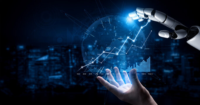 A robotic hand reaches towards a luminous globe, representing advanced technology and global analytics. The scene illustrates innovation and growth in the digital age. Scalp