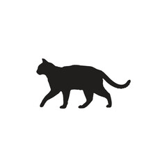 A silhouette of a cat walking against a white background with its tail slightly curved upwards gently