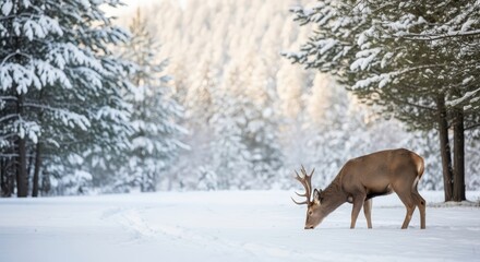 Naklejka premium Deer feeding on snow-covered ground in a winter forest 