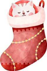 Cute cat sleeping in a festive red Christmas stocking with a soft collar