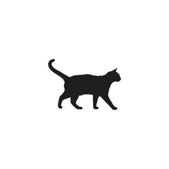 Silhouette of a cat walking with its tail up on a white background in a simple and minimal style