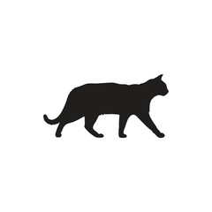 A silhouette of a cat walking on a white background with its tail curved and head facing to the right