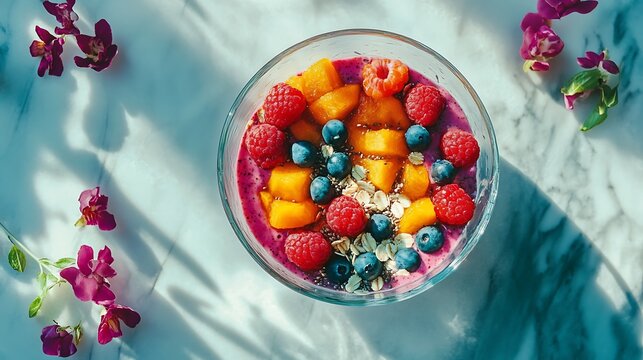 A vibrant smoothie bowl topped with fresh fruits and granola