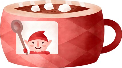 Elf inside a giant red mug of hot cocoa with marshmallows  