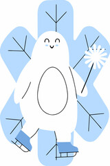 Charming white snow creature ice skating with a snowflake wand on a blue background