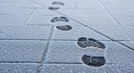 Footprints on icy sidewalk leading through winter landscape  