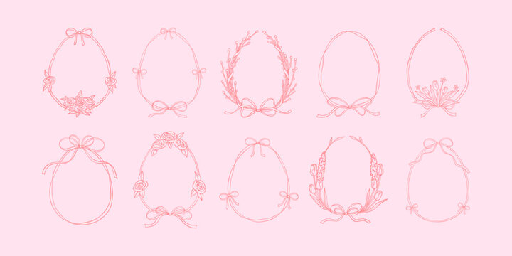 Set of springflower hand drawn doodle Easter egg frames. Whimsical bow ribbon cute borders. Floral willow, tulip, rose, peony wreath. Wedding, birthday, catholic celebration invitation tepmlate