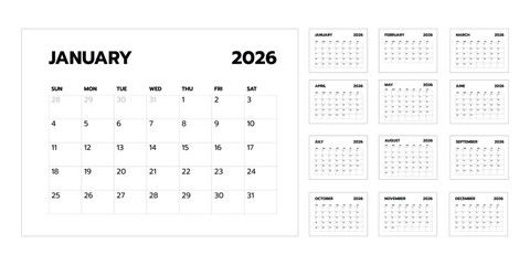 Set of calendar 2026 template modern vector design.