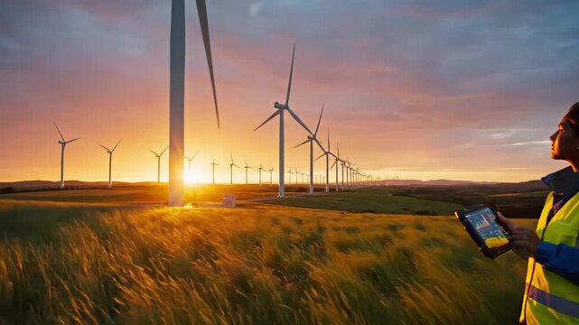technician monitors turbines, field worker checks wind turbines, sunset scene with technician overseeing turbine inspection, technician examining wind turbine data during sunset with golden - Powered by Adobe