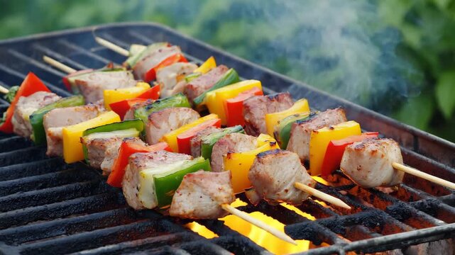Grilling delicious kebabs with fresh vegetables outdoors