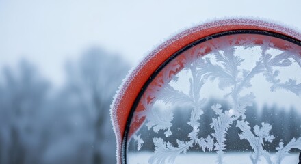 Frost patterns on traffic mirror in winter landscape  