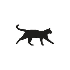 A silhouette of a cat walking with its tail up on a white background in a simple and clean design