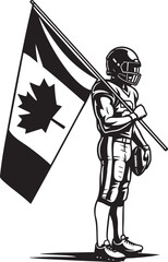 Football player holding the Canadian flag, wearing a helmet, and carrying a ball.