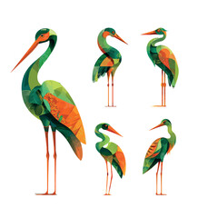 Obraz premium Exotic bird looking around cartoon vector set. Heron long legs beak yey feathers, flying animal turning head isolated on white background