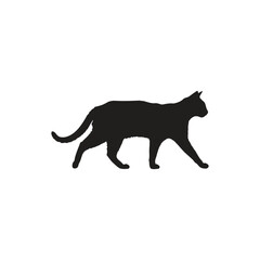 A silhouette of a cat walking on a white background showing the full body of the animal in black color