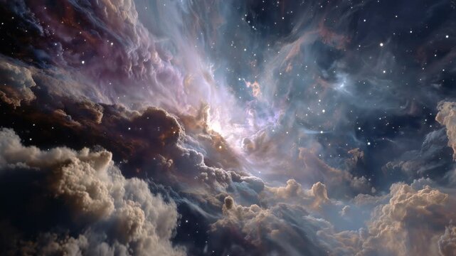 Deep space exploration flying through a spectacular and colorful cosmic nebula with swirling clouds of gas and dust, revealing shining stars in a majestic interstellar journey through the galaxy