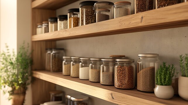 Neatly organized pantry shelves filled with jars of spices and grains