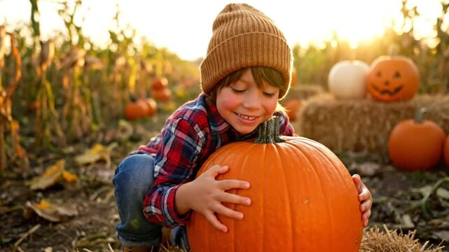 Happy child wearing beanie hat and flannel shirt hugs pumpkin in a pumpkin patch during autumn sunset