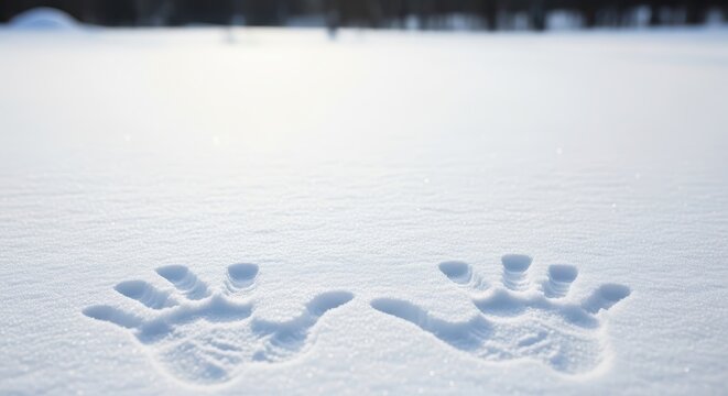 Handprints in fresh snow with sunlight shining in winter  