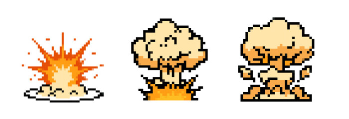 Sequence of Explosion Mushroom Clouds Displayed in Pixel Style © liubomir118809