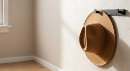 Brown hat hanging on wall hook in modern hallway with natural light  