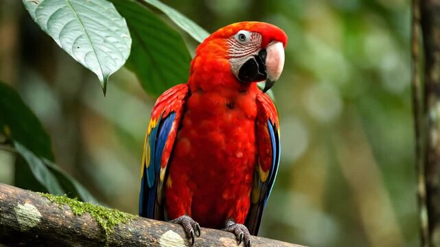 Scarlet macaw perched on a tree branch vibrant bird with red blue and yellow feathers nature wildlife
